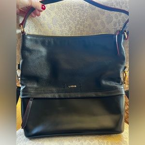 Lodis top zip multifunction crossbody/bucket bag black with red accents